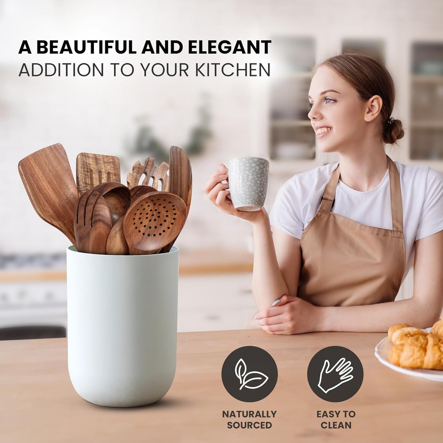 Zulay Kitchen 9-Piece Teak Wooden Utensil Set - Natural Non-Stick Cooking Tools in Premium Gift Box