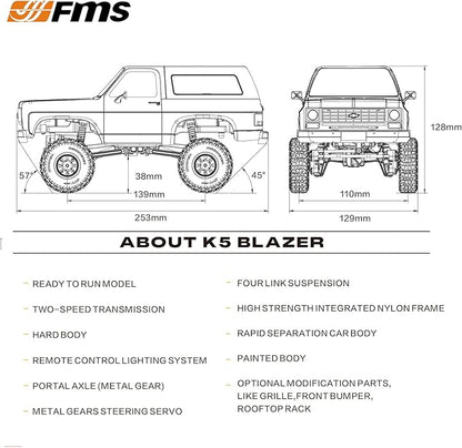 FMS FCX24 1/24 RC Crawler Chevy K5 Blazer Officially Licensed Mini RC Car Pick Up Truck and SUV 2 in 1 4WD 8km/h 2 Speeds SwitchOff-Road 4x4 RC Model with LED Lights for Adults and Beginner(Brown)
