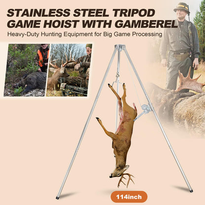 Deer Game Hoist Tripod Hanger Rack with Gambrel and Manual Winch 500 lb Capacity for Hunting, Deer Hanger for Skinning, Heavy Duty Game Hoist for Elk, Bear, Hogs, Goat, Shark, Tuna - Stainless Steel