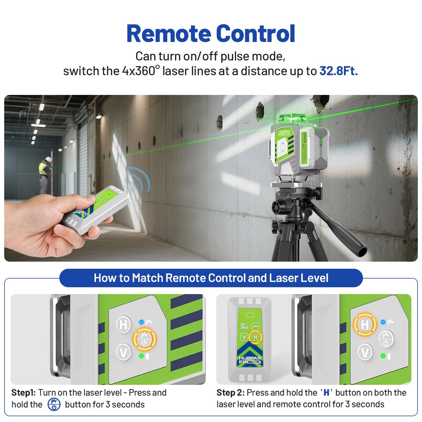 Huepar Pro Laser Level 360 Self Leveling, 4x360° Green Cross Line Laser Tool with Remote Control & Rechargeable Battery, High Accuracy 4D Laser for Construction, Magnetic Bracket -ZK04CG