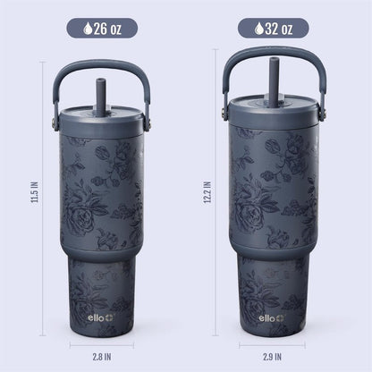 Ello Oasis Go+ 32oz Tumbler with Top Handle and Retracting Straw | Reusable Insulated Stainless Cup, 100% Leakproof Water Bottle, 24 Hours Cold, Cup Holder Friendly For Travel | Porcelain Rose Navy