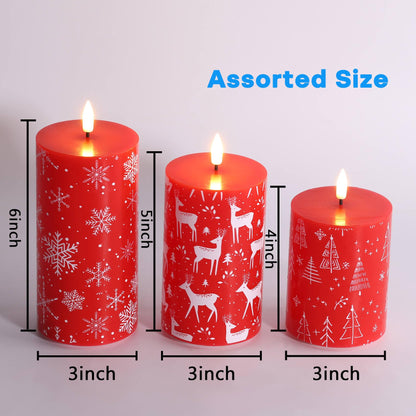 Eywamage Red Christmas Flameless Pillar Candles with Remote, Reindeer Snowflakes Tree LED Battery Candles Holiday Decor Gift Set of 3