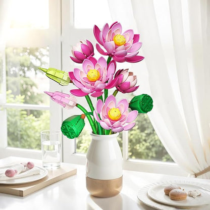 Lotus Flowers Botanical Building Set with Vase Compatible with Lego Flowers Botanicals Collection Pink Artifcial Flower Bouquet with Vase for Indoor Outdoor 710 PCS