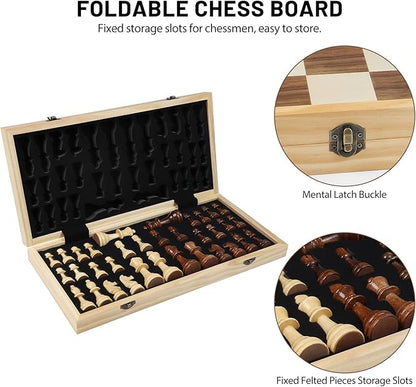LEAP Wooden Chess Set 17 Inches - 2 Extra Queens - Folding Board Raised Edge Handmade Portable Travel Chess Board Game Sets with Game Pieces Storage Slots - Chess Set for Adults and Beginner