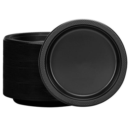 Black Plastic Plates 9 Inch - 50 count - Plastic Solid Round Party Plates For Weddings, BBQs, Birthday Plates - Disposable Black Plates - Plastic Dessert Plates