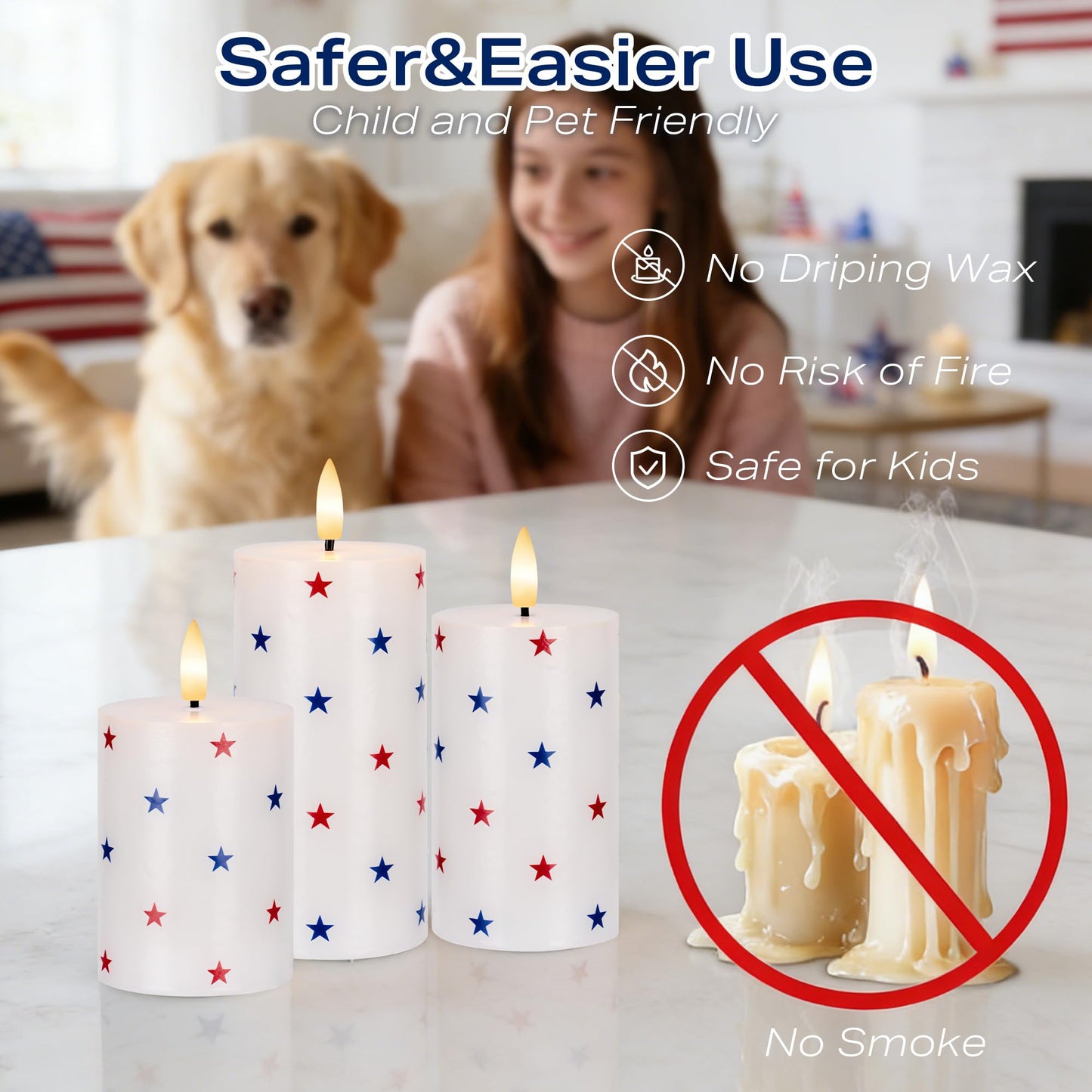 JOIONE 4th of July Flameless Pillar Candles with Remote, 3 Pack Patriotic Battery Operated Real Wax LED Candles, Perfect for Independence Day Home Decorations Fireplace Table, Star Sticker
