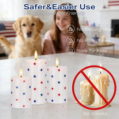 JOIONE 4th of July Flameless Pillar Candles with Remote, 3 Pack Patriotic Battery Operated Real Wax LED Candles, Perfect for Independence Day Home Decorations Fireplace Table, Star Sticker
