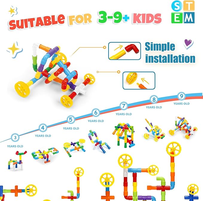 Ggiibro STEM Building Toy for Toddlers 106Pieces Tube Pipe ToyEducational Preschool Game for 3+ YearsLearning Building Blocks Play with Storage Box Gift KitMontessori Toys for Boys &amp Girls