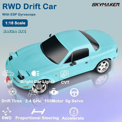 Skymaker LD1804 1/18 Scale RWD RC Drift Car 2.4G Miata RC Car for Adults with ESP Gyro Pop-up Lights 2 Batteries &amp LDRC Parts Blue