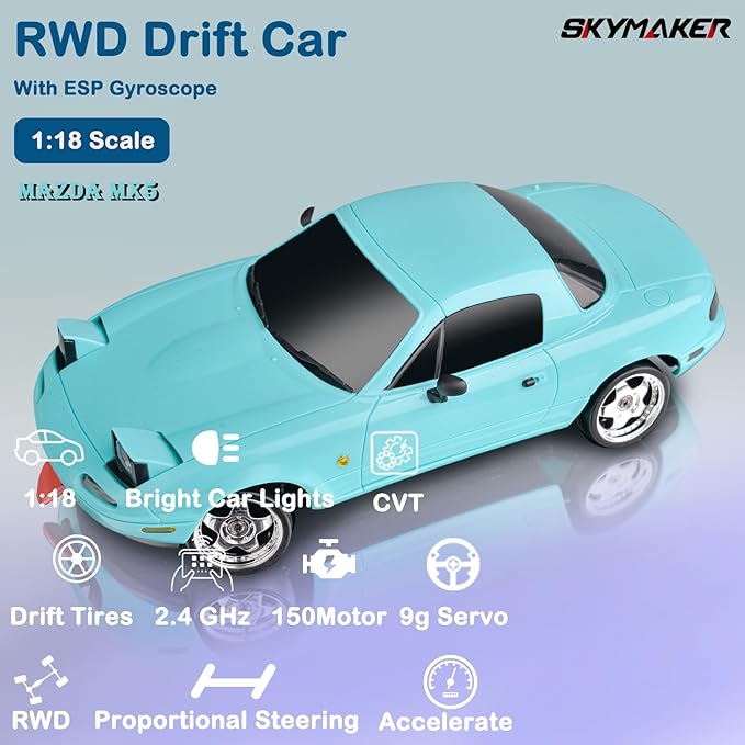 Skymaker 1/18 RC Drift Car with 3 Batteries Mazda MX-5 Miata 2.4GHz LDRC 1804 RWD Drifting Adults with ESP Gyro Pop-up Light (Blue)