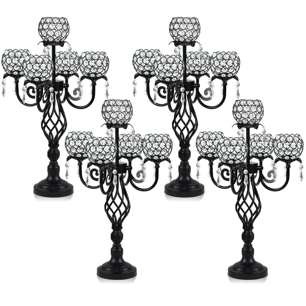 Kehail 5-Arm Crystal Candelabra Centerpiece 23.2" Tall - Elegant Candle Holder Stand with Crystal Bowl, Chic Table Decor for Weddings, Parties, Anniversary & Home Decoration (4, Black)