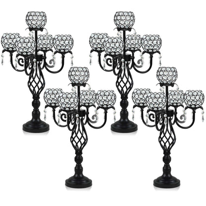 Kehail 5-Arm Crystal Candelabra Centerpiece 23.2" Tall - Elegant Candle Holder Stand with Crystal Bowl, Chic Table Decor for Weddings, Parties, Anniversary & Home Decoration (4, Black)