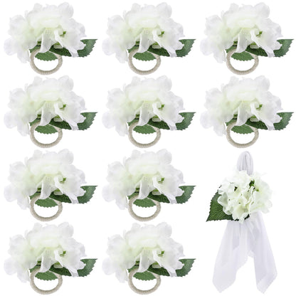 Yunsailing 12 Pcs Hydrangea Flower Napkin Rings Flower Handmade Napkin Holder Rings Floral Handicraft Band for Table Decorations Wedding Anniversary Holiday Birthday Party Supplies(White)