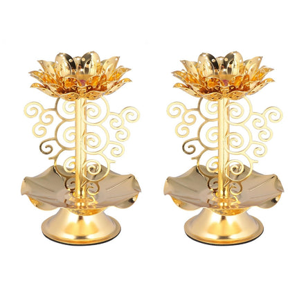 HOMSFOU 2 Pcs Alloy Candle Holder - Creative Lotus Carving Candlestick Lantern with Stereoscopic Petal Design, Ideal for Home Decorations, Temples, Offices, Living Rooms