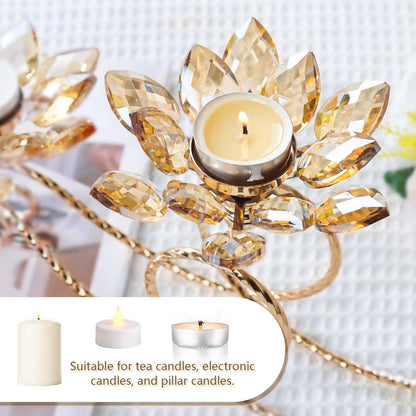 2Pcs Gold Kehail Crystal Metal Tea Light Candle Holder Set, 3-Arm Flower Shaped Crystal Votive Candlestick Holders for Table Centerpiece, Wedding Shower, Party and Home Decor