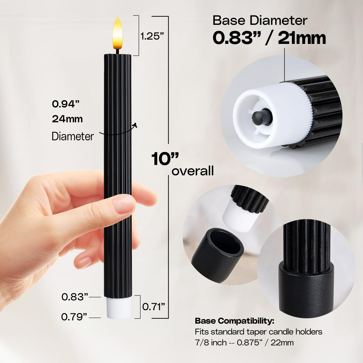 West Ivory 6 Pack, 10" LED Flameless Black Fluted Ribbed Grooved Taper Candles, Remote & 24h Timer Memory, On/Off Button, Dimmable, Flicker Mode, Battery Operated, Christmas Menorah Wedding