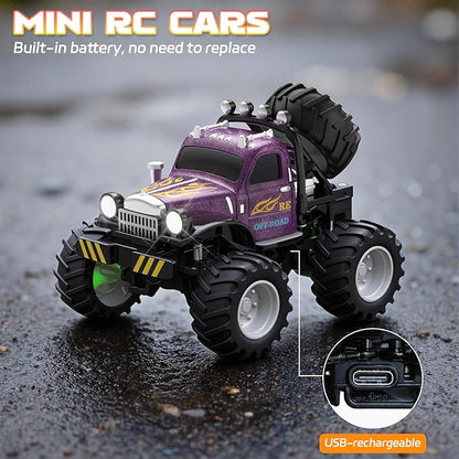 Snugzy Mini RC Car 1:64 Scale RC Truck for Kids with Trailer 2.4Ghz Remote Control Rechargeable RC Cars Toy Gifts for Boys Girls Adult (Purple)