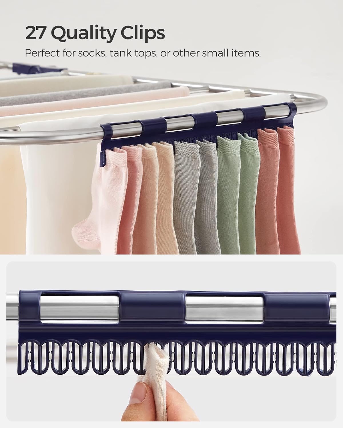 SONGMICS Foldable Clothes Drying Rack - 2-Level Laundry Airer with Adjustable Wings & 33 Rails | Silver & Blue