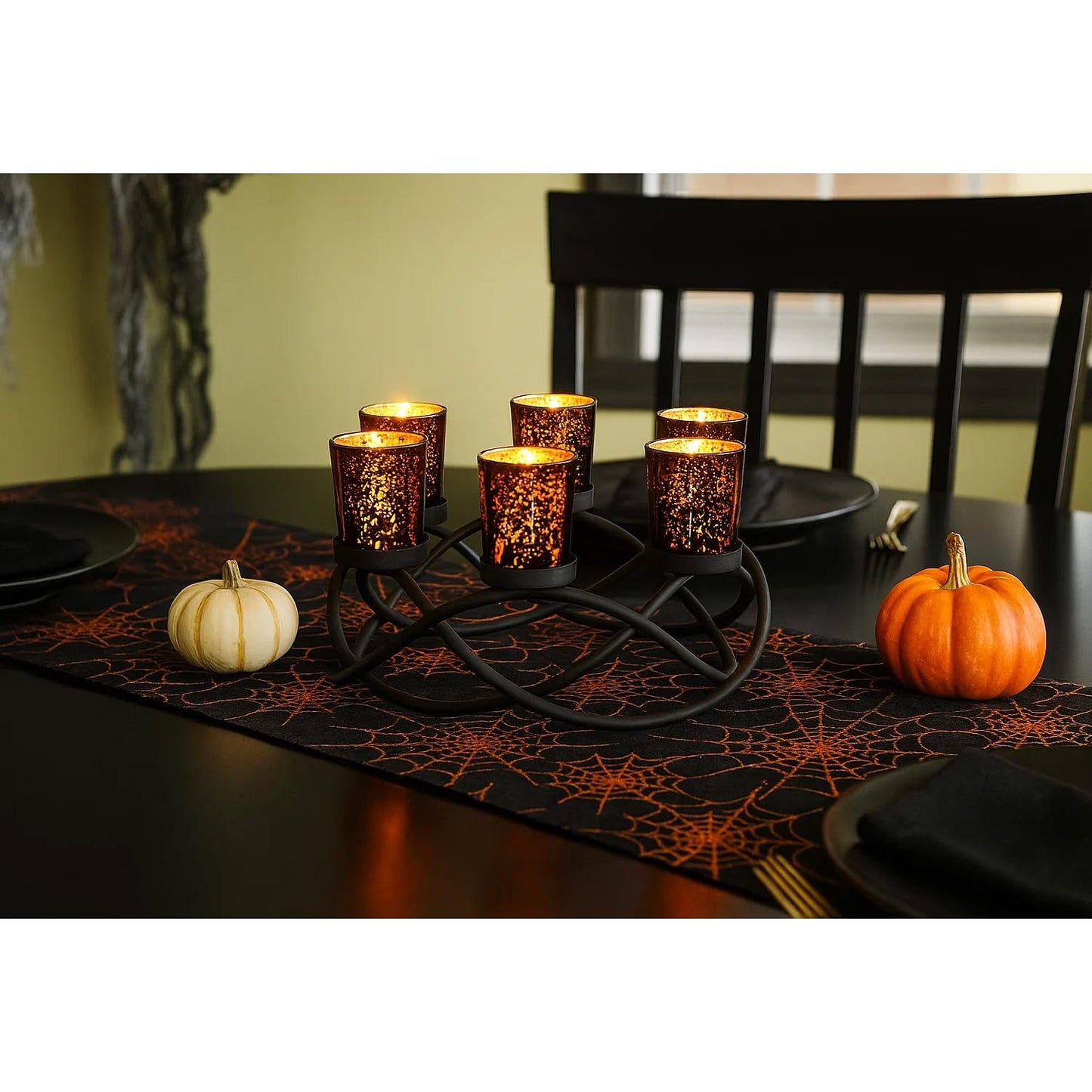 Seraphic Centerpieces for Halloween Table Decorations - Round Candle Holders for Outdoor Patio, Dining, Kitchen, Coffee & Wedding Table Decor, Black Iron Candelabra, 6 Black Glass Votive Tealight Cups