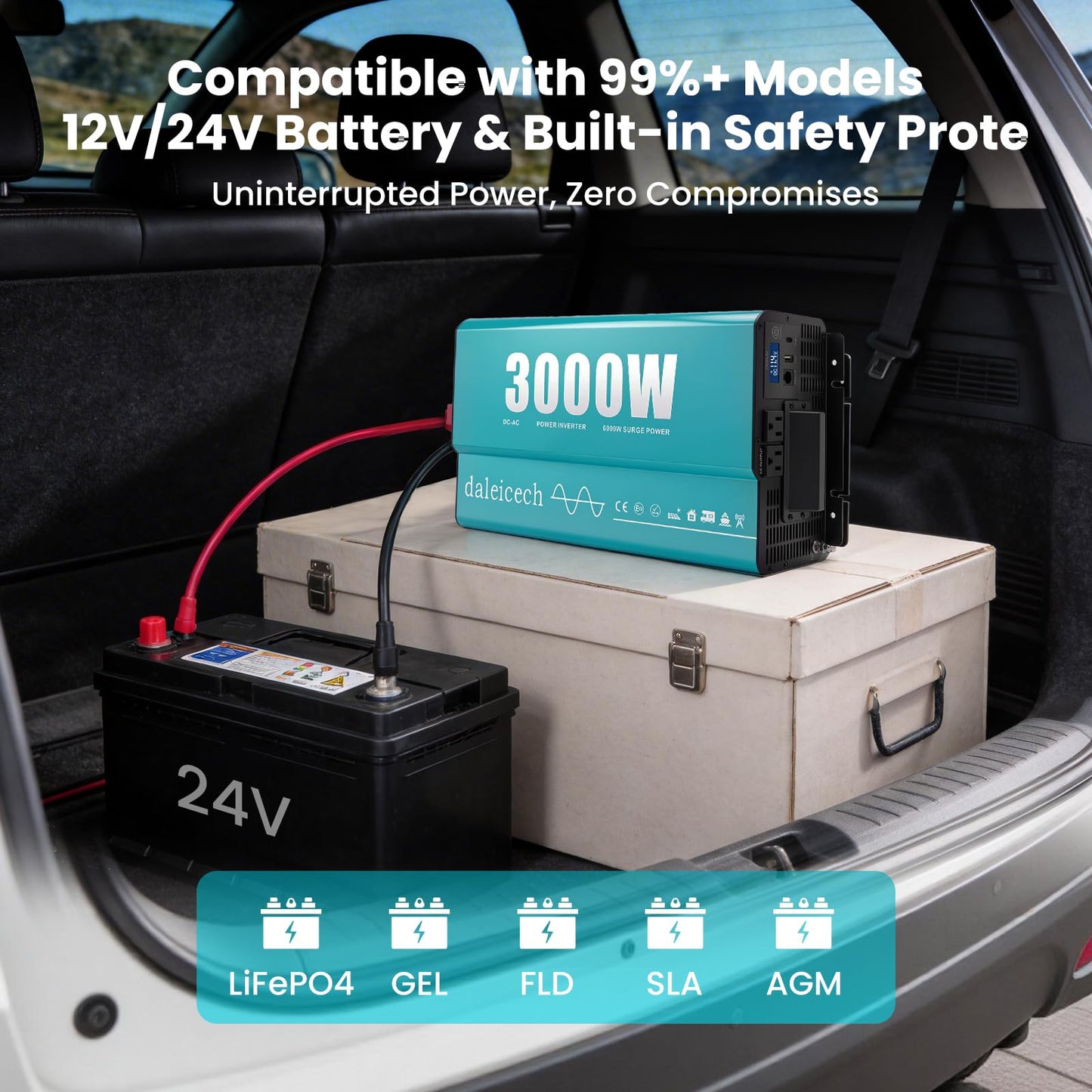 3000W Pure Sine Wave Inverter 12V DC to 120V AC, 6000W Peak, Heavy Duty Power Inverter for Semi Truck RV Off-Grid Solar Home Backup, Dual AC Outlets, Remote & LCD Ready