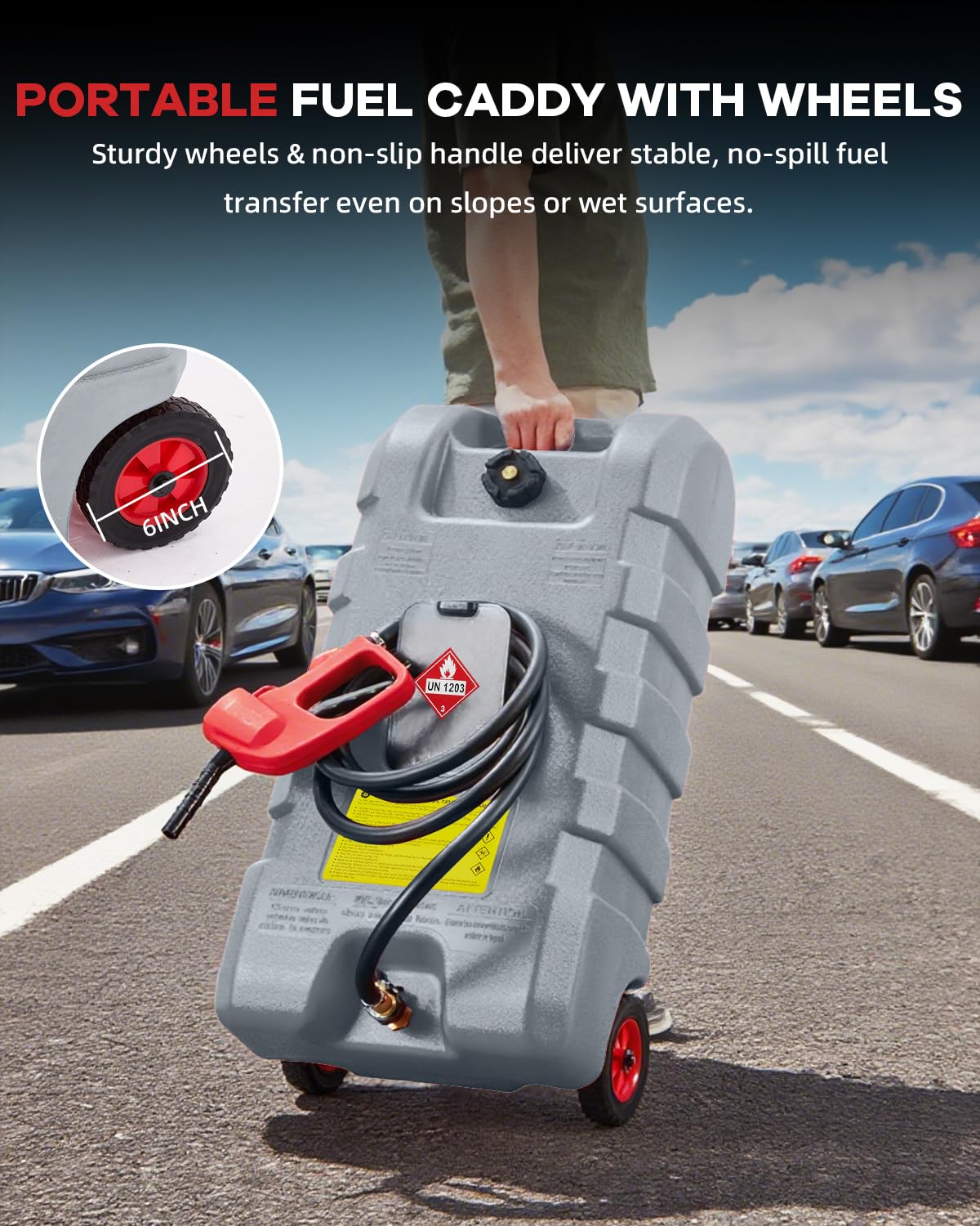 Garvee 15 gal Gas Can, Heavy-Duty Gas Tank and Fuel Caddy with Manual Fuel Transfer Pump, Portable Fuel Tank on Wheels with 10 ft Hose for Lawn Mowers, Cars, Boats, ATVs, Home and Farm Use, Grey