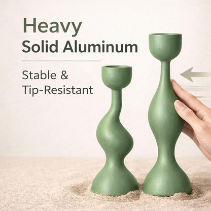 Smtyle Taper Candle Holders Set of 2 Sculptural Cast Aluminum Candlestick Holders, Modern Minimalist Sage Green Candle Stand for Dining Table, Living Room, Shelf Decor