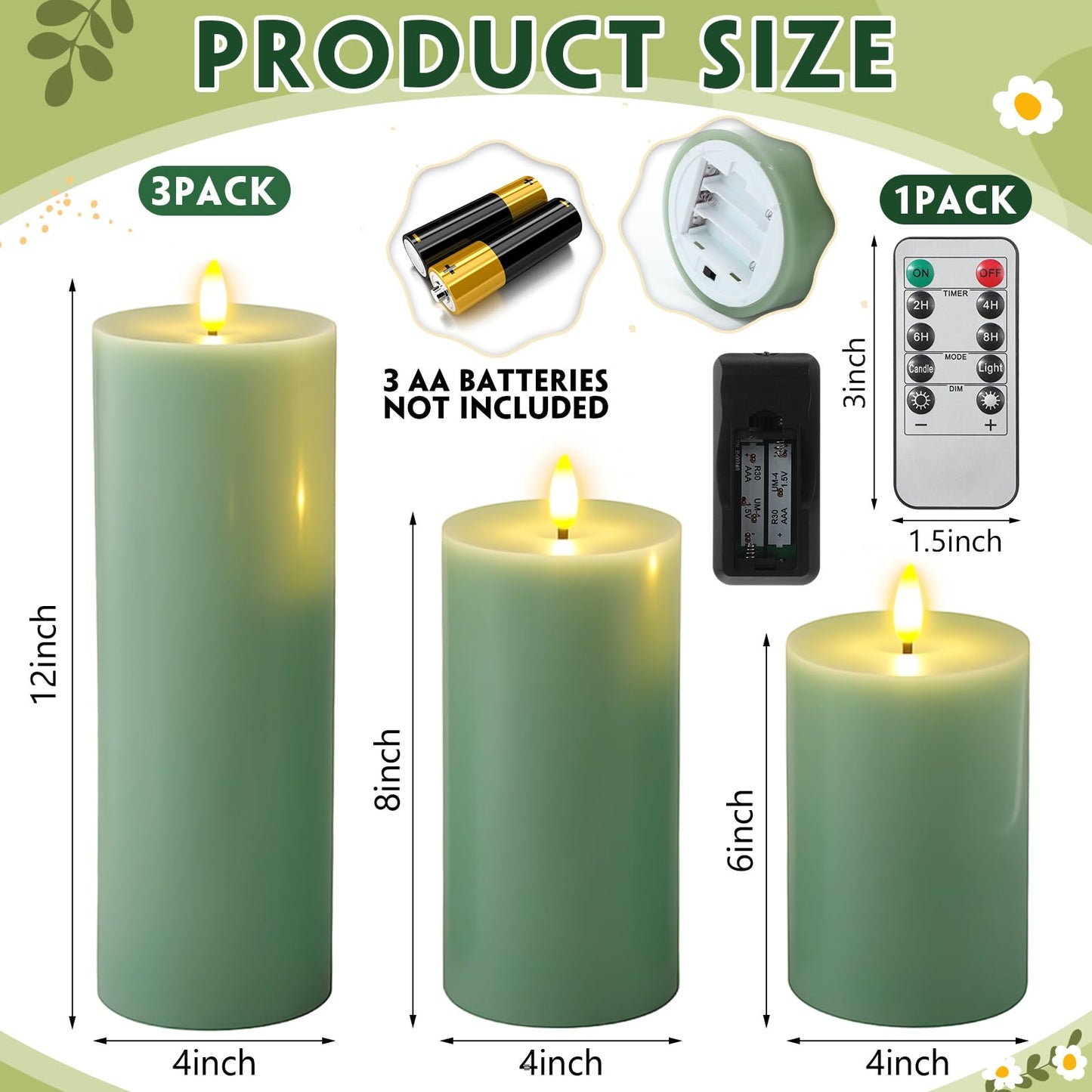 Retisee 3 Pcs Large Flameless LED Battery Operated Candles with Remote and Timer Spring Real Wax Flickering Candles for Indoor Outdoor Party Wedding Lights Decorations, Sage Green