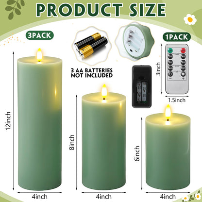 Retisee 3 Pcs Large Flameless LED Battery Operated Candles with Remote and Timer Spring Real Wax Flickering Candles for Indoor Outdoor Party Wedding Lights Decorations, Sage Green