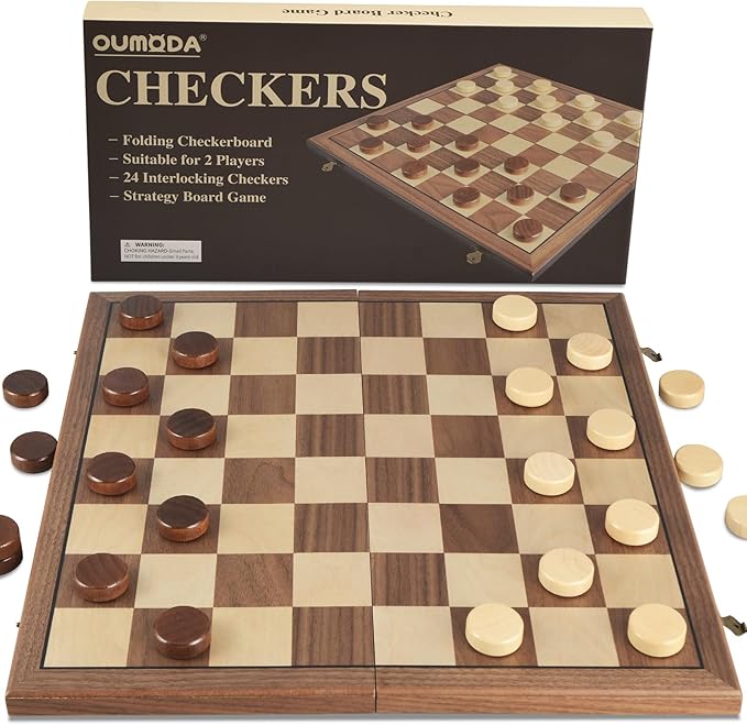Walnut 15 Magnetic Checkers Board Game Set - Folding Wooden 8x8 Chessboard with 24 Interlocking Pieces Storage Slots - Family Strategy Game for Beginners &amp Kids Adults
