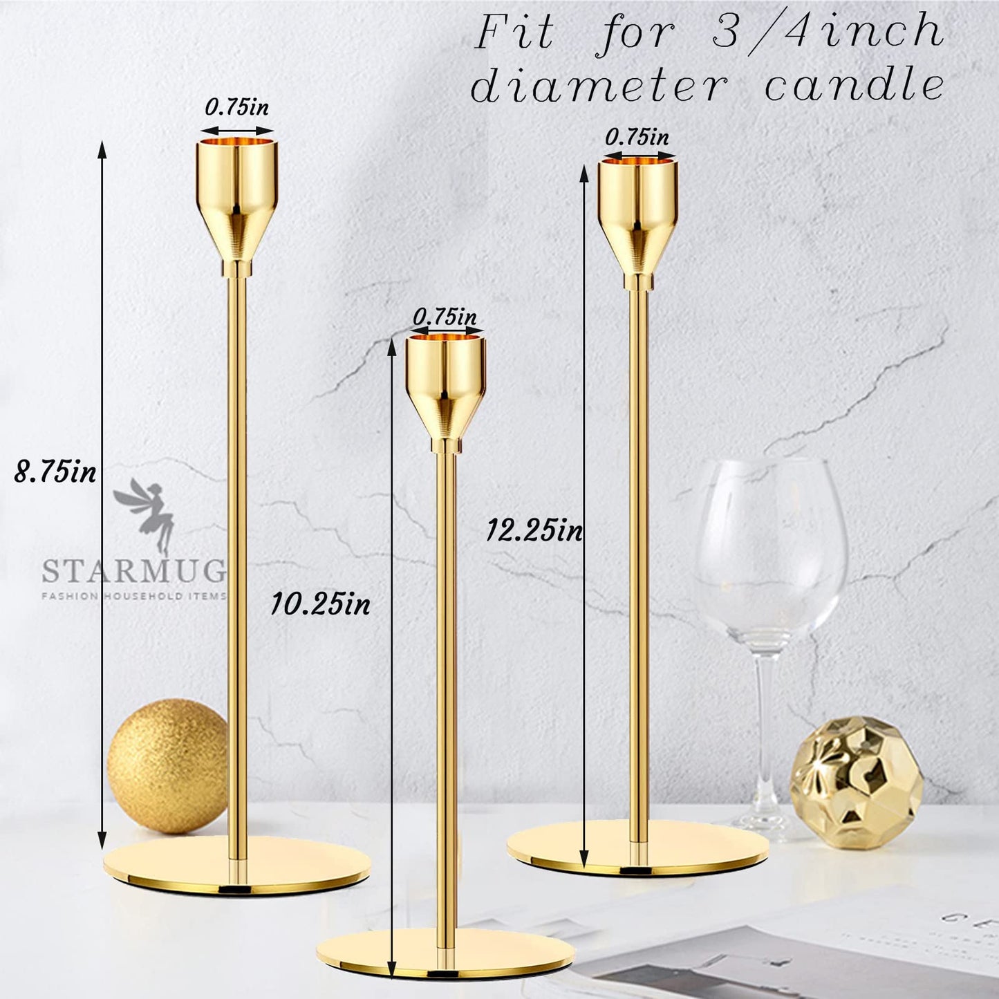 Gold Taper Candle Holders, Set of 6 Gold Candlestick Holders Taper Candle Holders fits 3/4" Thick Pillar Candle Led Modern Metal Candles, Elegant Stands Decorative Table Candle Holder