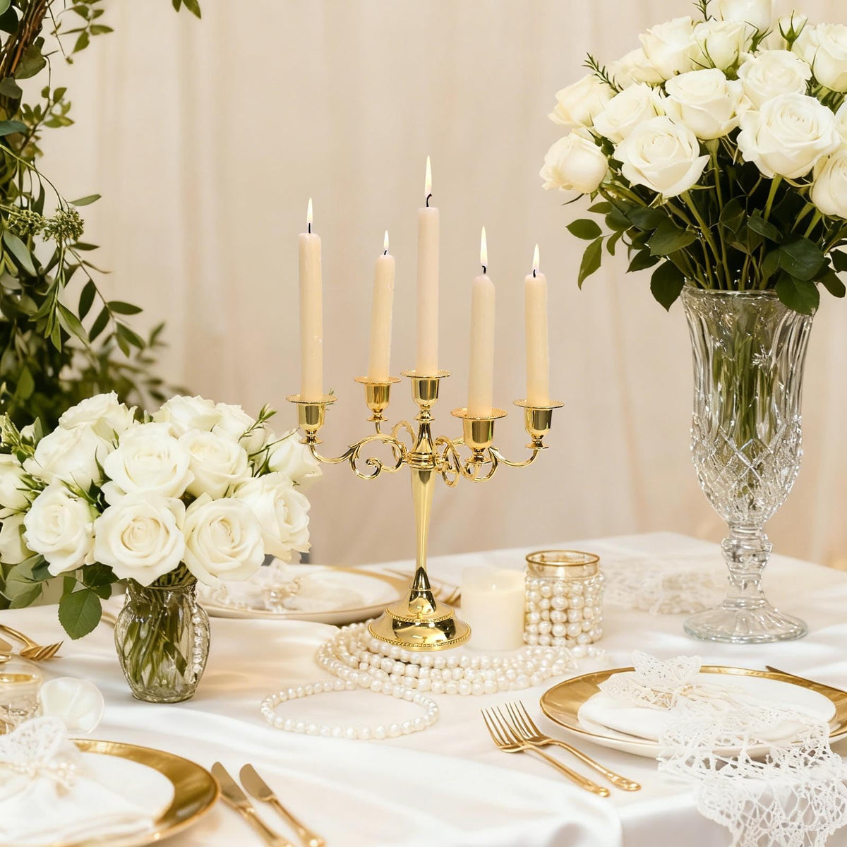 Gold 5 Arm Candelabra Candlestick 10.2 Inch Tall Metal Candle Holders Classic 5-arms Polished Taper Candle Holder Centerpieces for Home Decor Dining Tables Wedding Church Christmas Holiday Events