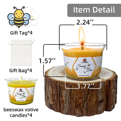 Pure Beeswax Votive Candles, Swee As Can Bee Candle Gifts for Bee Themed Party Favor, Natural Bees Wax Made Large Tealight Candles in Premium Acrylic Cup, 10~12 Hour Burn Time Each, Pack of 4