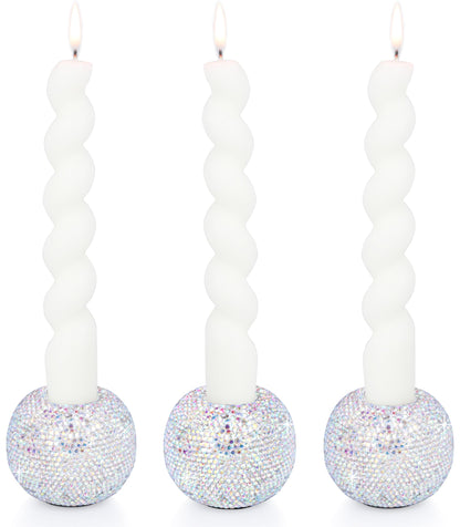 Vixdonos Round Resin Rhinestones Candlestick Holders Set of 3 Ceramic Candle Holder Bulk for Taper Candles,Silver