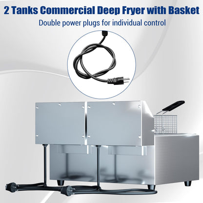 GarveeHome Commercial Deep Fryer with Basket, 16.8 QT Stainless Steel Electric Countertop Fryer with Double Tanks and Temperature Control for Restaurant and Home Use, 1800 W+1800 W