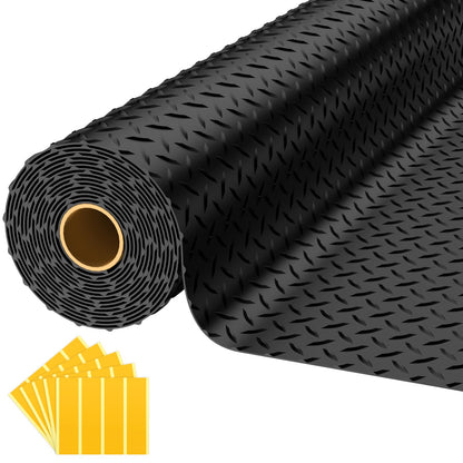 NarwooAuto 8x25 FT Garage Floor Mat, 2.8mm Thickened PVC Flooring Roll for Under Car, 200 SQFT Diamond Plate Black Garage Mats for Garage, Warehouse, Basement, Gyms, Trailer（Included Tapes）