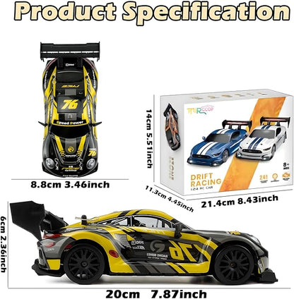 1:24 RC Drift 2.4GHz with LED Light Race Car Toys for Boy Girl 8-12 Years Old Speed Adjustable 25Km/HHigh Speed RC Racing Cars Perfect Toy Gift for Boys &amp Girls (Yellow)