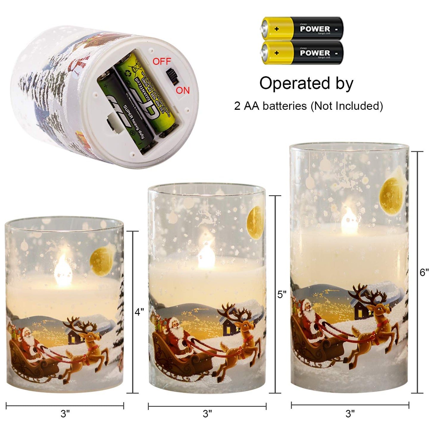 Eldnacele Santa Claus Glass Flameless Candle with Remote Timer Battery Operated Flickering LED Pillar Candles 3 Pack Warm White Light Christmas Decal Candles Set of 3 (D3” x H 4” 5” 6”) – Santa Sleigh