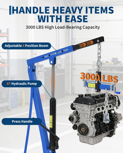Hydraulic Engine Hoist with Lever, 1.5 Ton 3000 LBS Telescopic Shop Crane with 4 Casters, Cherry Picker Lift with 8 Ton Hydraulic Pump, for Home Garage, Warehouse, and DIY Automotive Projects, Blue