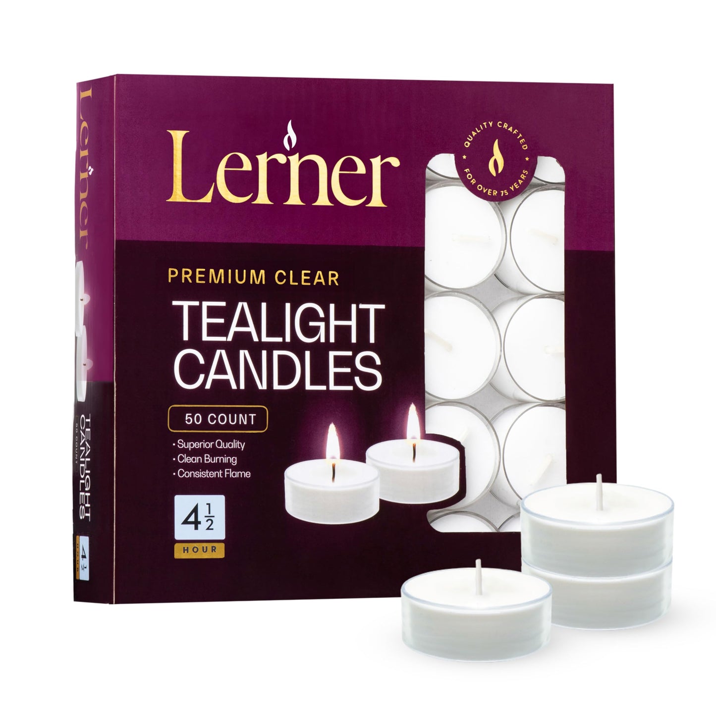 Lerner Clear Tea Lights Candles Bulk - 4.5 Hour Clear Cup Tealight 50 Pack - Consistent Smkless Clean Burning - Holiday, Wedding, Spa, Emergency and Home Decoration Candles