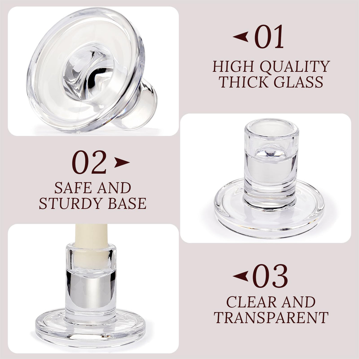 JONERAY 24-Pack Candlestick Holders Bulk - Thick Glass, Amber Taper Candle Holders for Wedding Banquet, Anniversaries