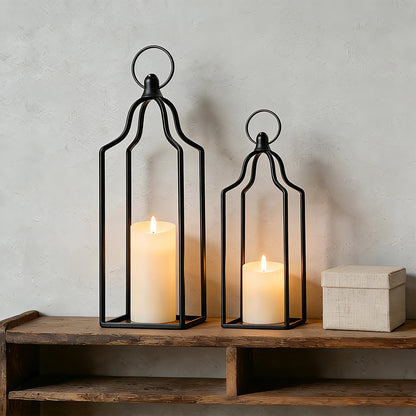 Rustic Farmhouse Decor Metal Lantern Set of 2 Decorative Lanterns for Home Indoor Outdoor Living Room, Fireplace, Patio, Wedding & Kitchen Table Centerpieces (Black, 14.5" 12.2")