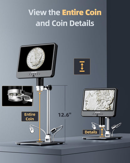 4K 30FPS HDMI Digital Microscope with 10.1" Screen, JL208S 4K Soldering Microscope Camera for Electronics, UHD 3840P Video Audio, Coin Magnifier Full View for Adults, 12.6'' Metal Stand 8 LED, 64GB