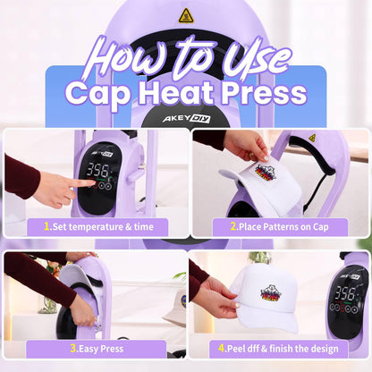 AKEYDIY 3-in-1 Auto Hat Heat Press Machine for Caps, with 3pcs Interchangeable Platens, Automatic Open & Release, Touchscreen for Precise Time & Temp Control, Heat Transfer Printing for Caps, Purple