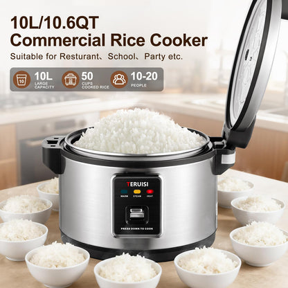 TERUISI Commercial Rice Cooker, 10L/10.6QT Large Rice Cooker & Rice Warmer 50 CUPS Cooked Rice, Fast Cooking Electric Cooker with Auto Keep Warm, Non-stick Inner Pot for 10-20 People Use