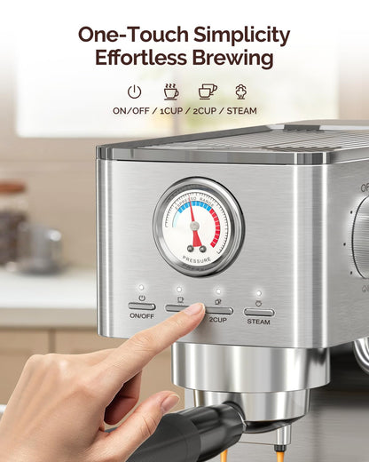 Maestri House Espresso Machine, 20 Bar ULKA Pump, Compact Espresso Maker Built-in Flow Meter Steam Milk Frother, Stainless Steel Coffee Machine for Cappuccino, Latte (Silver)