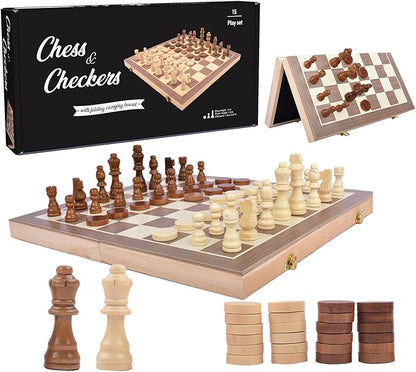 Wooden Magnetic Chess Set 15 – Foldable Board with Storage &amp Checkers Classic Family Game for Kids &amp Adults Perfect for Travel and Gifting