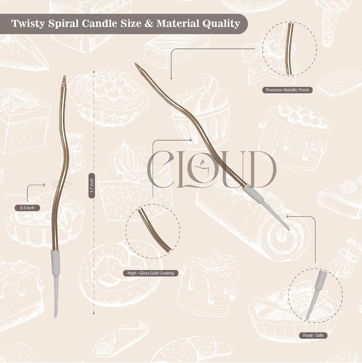 Cloud 48 PCS Metallic Gold Spiral Cake Candles with Holders, Long Twisty Curly Birthday Candles for Cake & Cupcake Decoration, Party Supplies