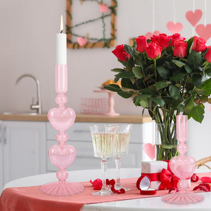 JarThenaAMCS 2Pcs Valentine's Day Glass Candlestick Holders Pink Heart Glass Taper Candle Holder Valentines Heart Candle Stick Vase Decor for Galentine's Day Wedding Festival Party Table Centerpiece