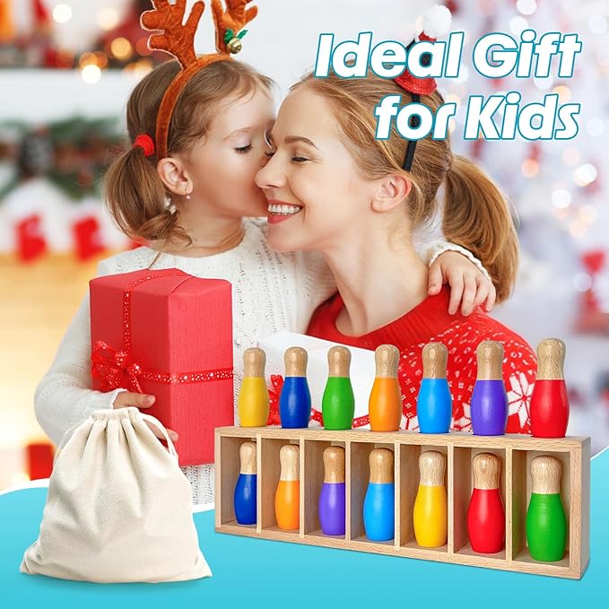 pamexin Family Games for Kids Wooden Bowling Color Matching Game with 7 Bright Pins and Storage Bag Family Board Games Party Birthday Gift Fun Party Game for Boys Girls
