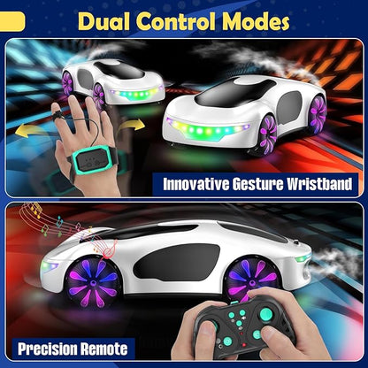 HuiJuKeJi Gesture Sensing RC Stunt Car with USB Charging Dock 360° Rotate Drift Car 2.4GHz Dual Remote Control Cool Spray Mist &amp LED Lights Birthday Gift for Kids Boys Girls Age 6-12